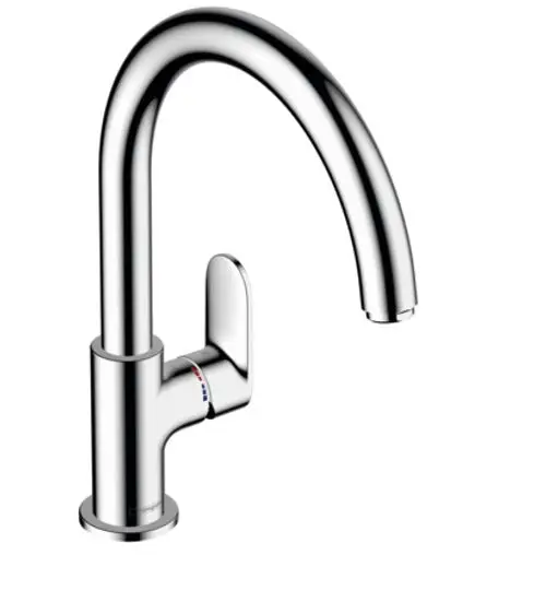 Chromfarbener Spültischmischer von Hansgrohe mit einem hohen Auslauf und einem einzelnen Hebel zur Temperatur- und Durchflussregelung.